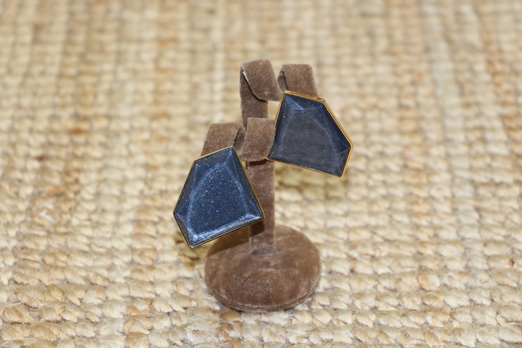 Brincos Geométricos Azul Cintilante com Rebordo Dourado