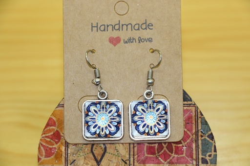 Brincos de Cabochão Quadrados – Mandala Floral Azul