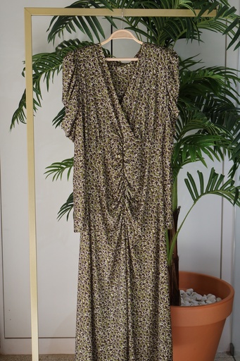 Vestido Midi "Olive Drape" com Decote em V e Efeito Franzido