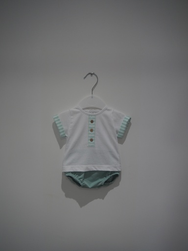Conjunto de Bebé de 2 Peças – T-shirt com Detalhes Vichy e Tapa-Fraldas Verde Água