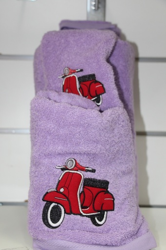 Conjunto de Toalhas Lilás com Bordado de Scooter Clássica
