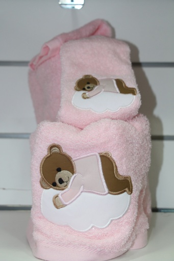 Conjunto de Toalhas Cor-de-Rosa com Bordado de Ursinho na Nuvem
