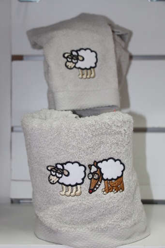 Conjunto de Toalhas Cinzento Claro com Bordado Divertido de Ovelha e Lobo